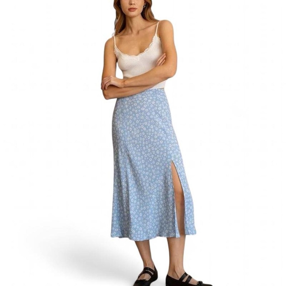 Workshop Republic Clothing Light Blue Floral Midi Skirt